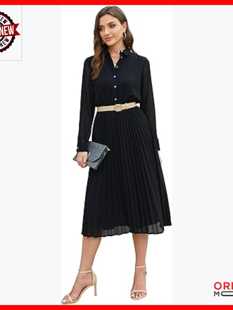 Long Sleeve Pleated Midi Dress With Belt Business Casual Shirt Dress